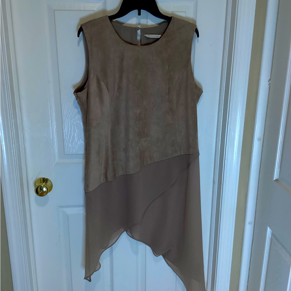 Soft Surrondings Suede Top with Chiffon Shark Bite Hem, XL, tan color